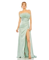 Women's Strapless Feather Detail Satin Gown