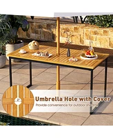 Acacia Wood Dining Table for 6 People 55" Rectangle Patio Table with Umbrella Hole