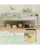 Twin Low Loft Bed with Ramp Ladder & Bookcases Full-length Safety Guardrail