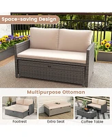 Outdoor Rattan Daybed Wicker Loveseat and 31 Gallon Storage Ottoman