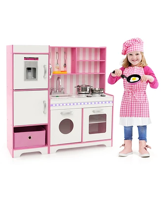 Kids Kitchen Playset with Adjustable Led Lights & Washing Machine Interactive Pretend Cooking Toy