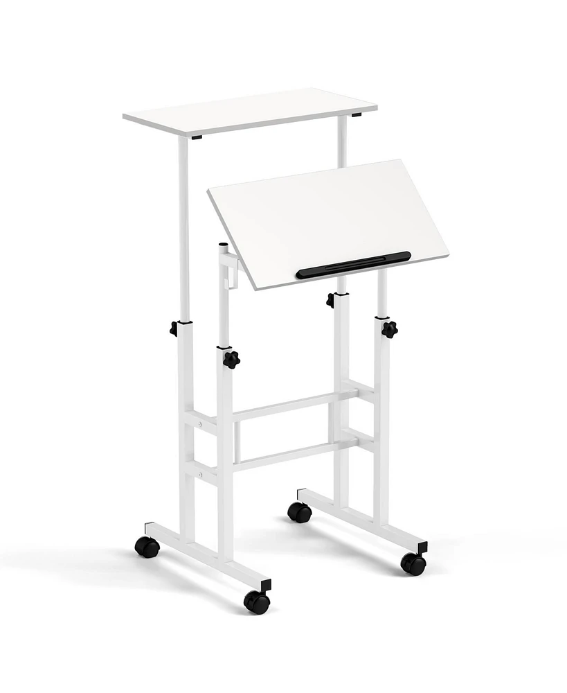 Mobile Standing Desk Height-Adjustable Laptop Cart with Split Top and Hanging Hooks