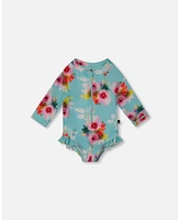 Girl Printed One-Piece Rashguard With Frills Turquoise And Pink Flowers - Toddler|Child