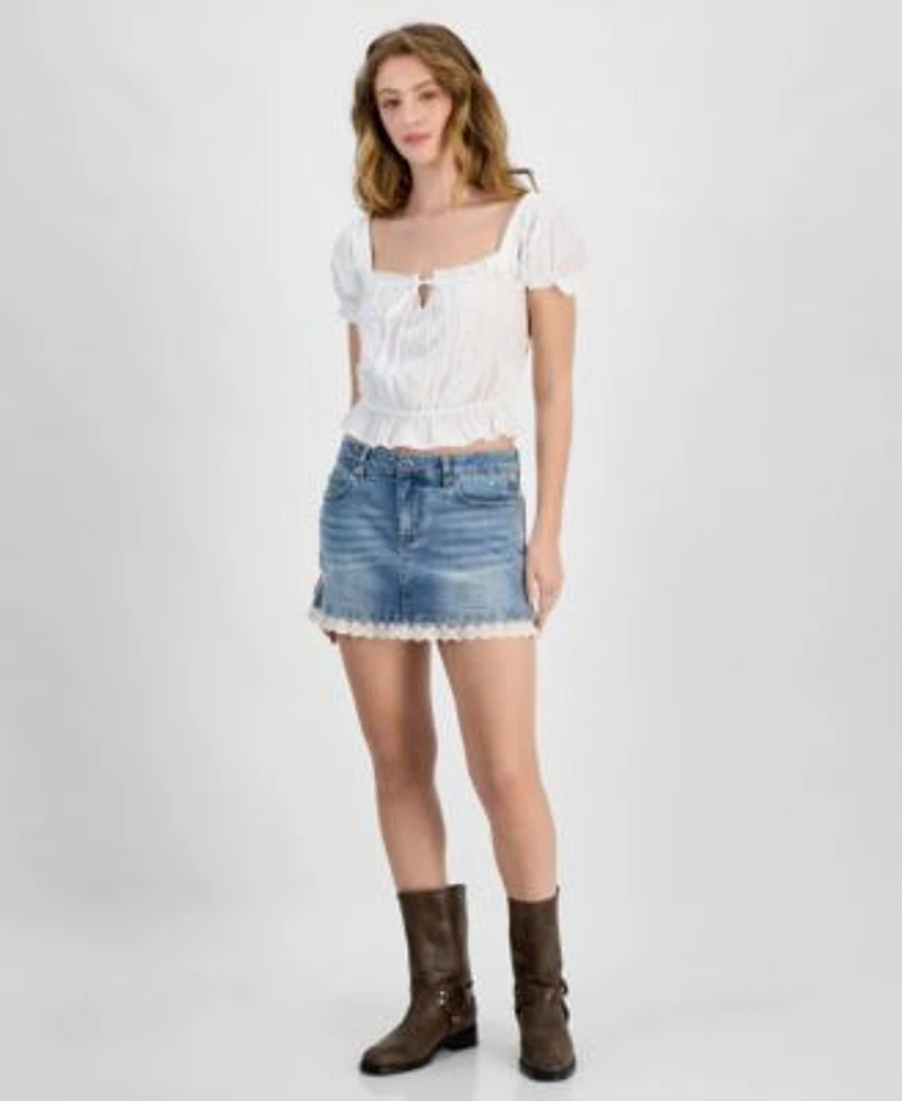 Self Esteem Juniors Sweetheart Puff Sleeve Top Juniors Lace Trim Denim Mini Skirt