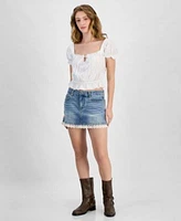 Self Esteem Juniors Sweetheart Puff Sleeve Top Juniors Lace Trim Denim Mini Skirt