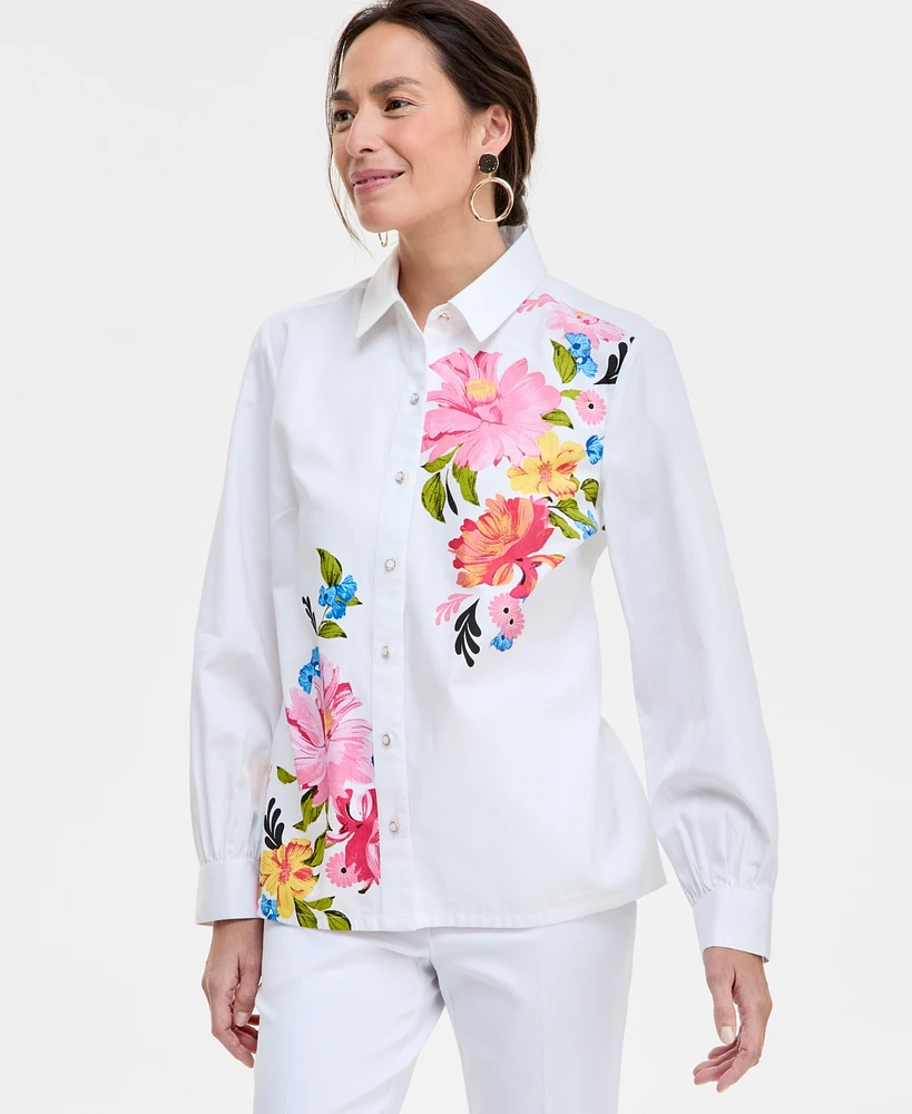 Jm Collection Women's Printed Cotton-Poplin Blouse, Exclusively at Macy's