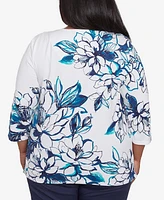 Alfred Dunner Plus Nantucket Fineline Floral Three Quarter Sleeve Top