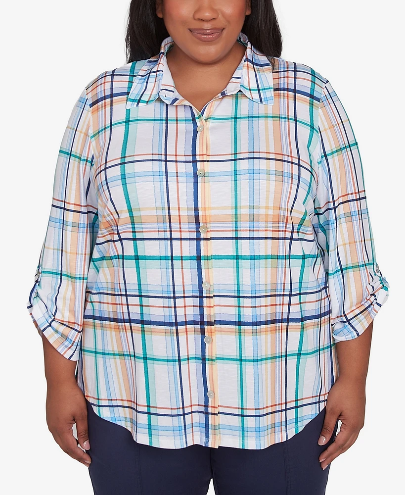 Alfred Dunner Plus Nantucket Plaid Knit Button Front Collared Top