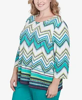 Alfred Dunner Plus Nantucket Pleated Chevron Crew Neck Top