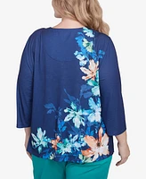 Alfred Dunner Plus Nantucket Asymmetric Floral Beaded Split Neck Top