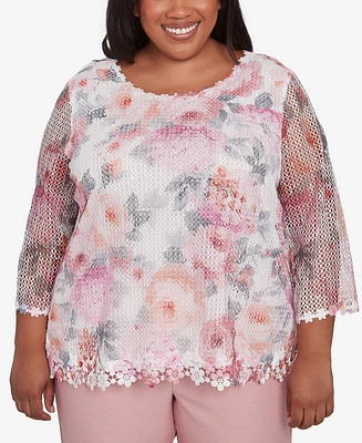 Alfred Dunner Plus Estate of Mind Floral Mesh Watercolor Crew Neck Top