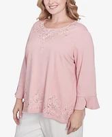 Alfred Dunner Plus Estate of Mind Lace Cutout Split Sleeve Embroidered Top