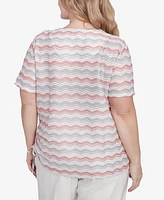 Alfred Dunner Plus Estate of Mind Chevron Shimmer Crew Neck T-Shirt with Necklace