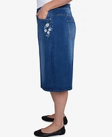 Alfred Dunner Plus Flower Power Floral Embroidered Denim Skirt