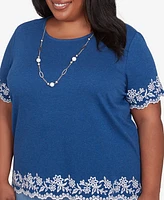 Alfred Dunner Plus Flower Power Border Embroidery T-Shirt with Necklace