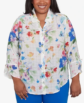 Alfred Dunner Plus Parrot Cay Abstract Watercolor Button Down Collared Top