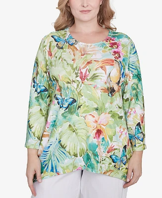 Alfred Dunner Plus Parrot Cay Tropical Toucan Crew Neck Top