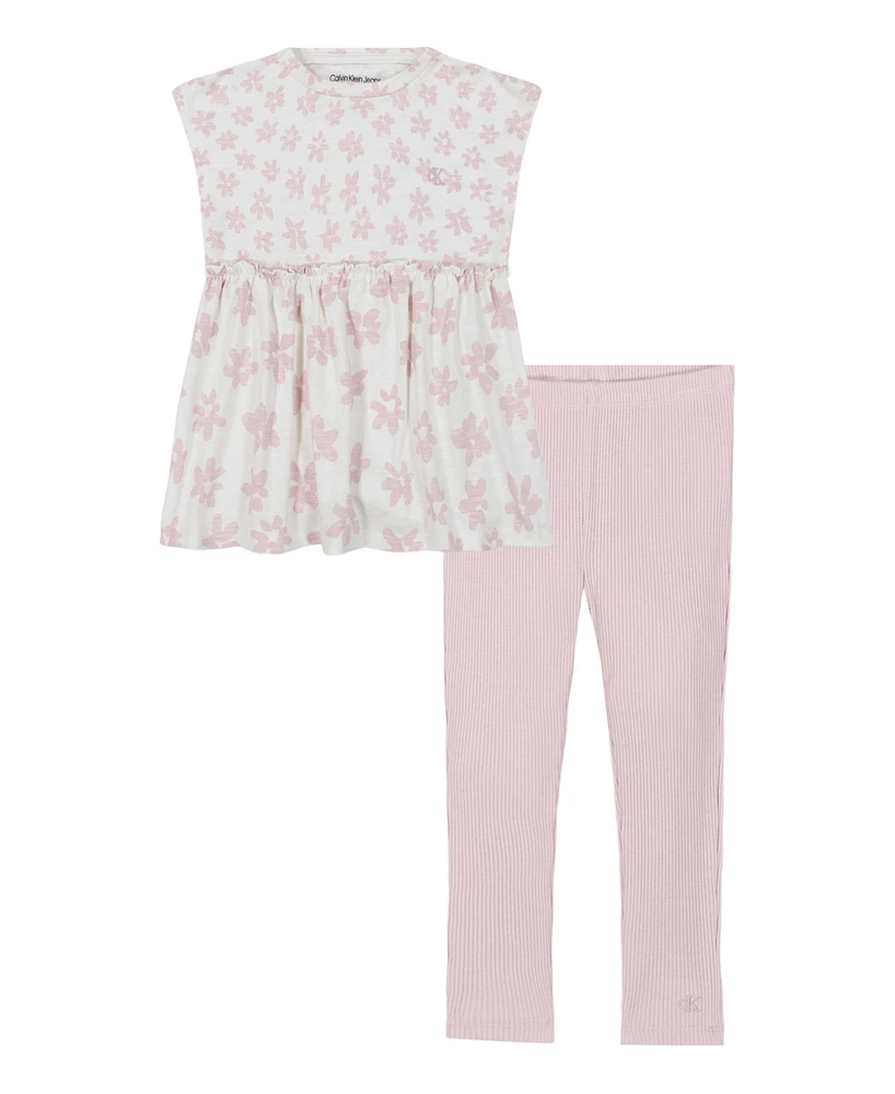 Calvin Klein Toddler and Little Girls 2-Piece Mixed Print Floral Tunic Ribbed Stretch Leggings Sets