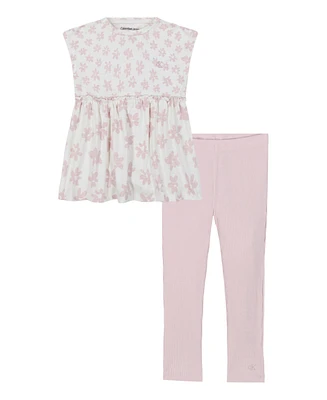 Calvin Klein Toddler and Little Girls 2-Piece Mixed Print Floral Tunic Ribbed Stretch Leggings Sets