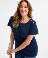 Style & Co Plus Crewneck Button-Trim-Shoulder Cotton Top, Exclusively at Macy's