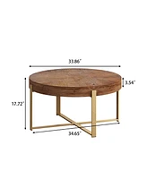 33.86"Modern Retro Splicing Round Coffee Table,Fir Wood Table Top with Gold Cross Legs Base Gold