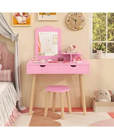 Kid Vanity Table and Chair Set with Mirror and 2 Large Storage Drawers Stylish Dressing Set for Kids