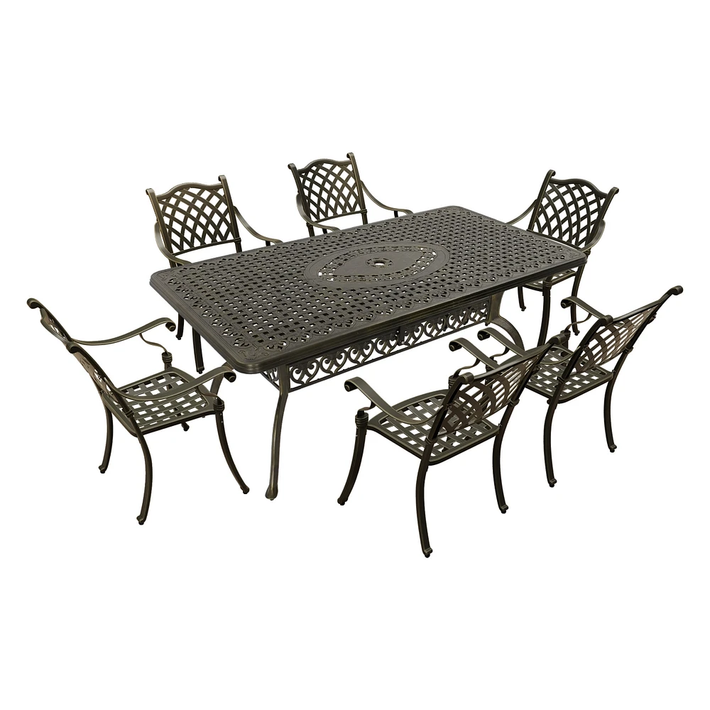 7pcs Patio Furniture Set Cast Aluminium Outdoor Dining Set 6 Outdoor Dining Chairs and 71 Inches Rectangular Dining Table for Balcony Porch Backyard G
