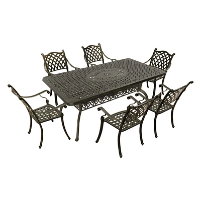 7pcs Patio Furniture Set Cast Aluminium Outdoor Dining Set 6 Outdoor Dining Chairs and 71 Inches Rectangular Dining Table for Balcony Porch Backyard G