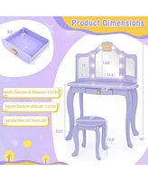 Kids Vanity Set with Tri-Fold Lighted Mirror, Detachable Top, and Stool Fun Dressing Table for