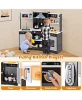 Pretend Play Wooden Kitchen Toy Set with Range Hood Real Sounds and Lights for Kids