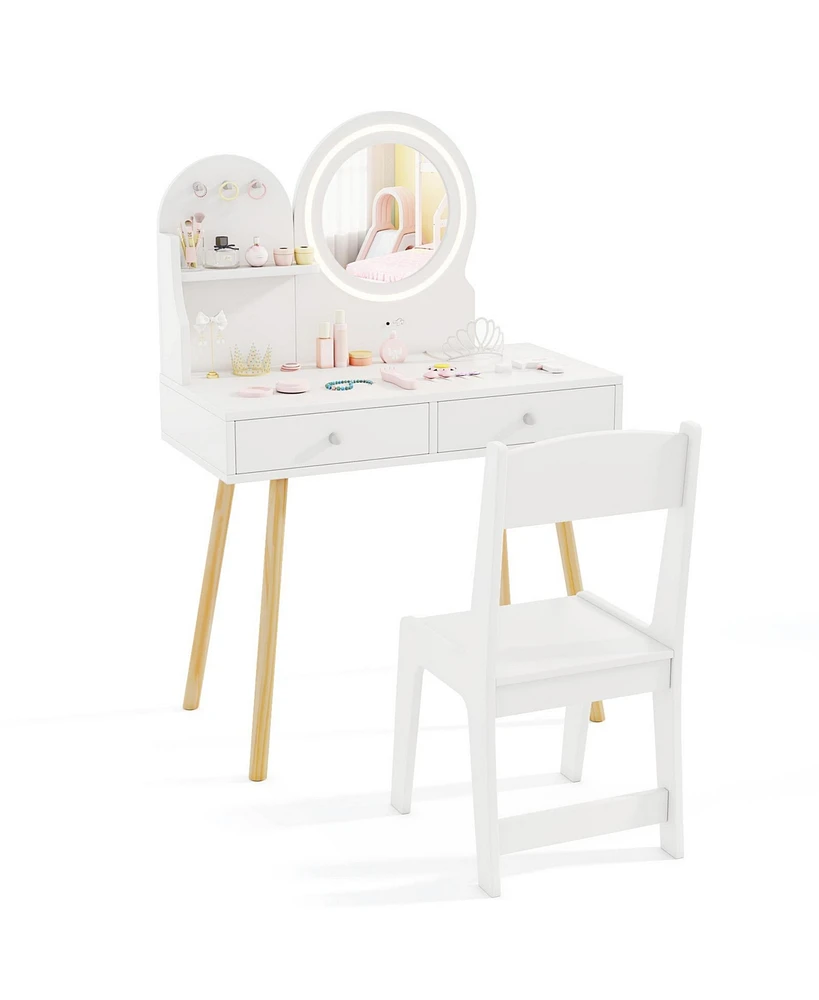 Kids Princess Makeup Dressing Desk and Chair Set with Mirror and Lights Fun Vanity Set for Toddlers