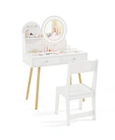 Kids Princess Makeup Dressing Desk and Chair Set with Mirror and Lights Fun Vanity Set for Toddlers