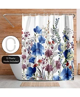 71x74 Blue Floral Shower Curtain - 100% Polyester - Water-Resistant Bath Curtain