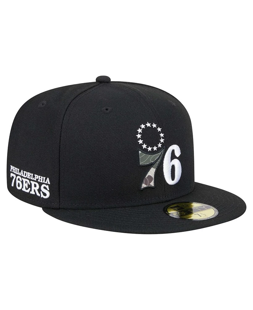 New Era Men's Black Philadelphia 76ers Camo Print Uv 59FIFTY Fitted Hat