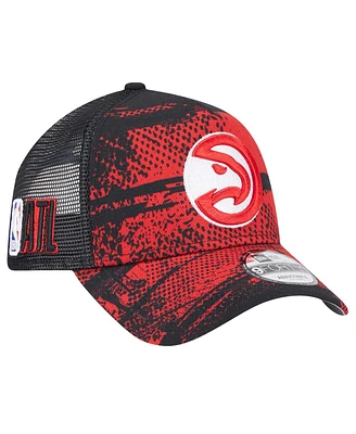 New Era Men's Black/Red Atlanta Hawks Tip Off A-Frame Trucker 9FORTY Adjustable Hat