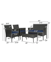 4PCS Patio Wicker Furniture Set Coffee Table Cushions