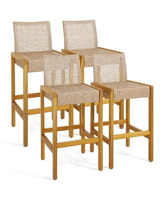 Gymax Wicker Bar Stools Set of 4 Patio Chairs w/ Solid Wood Frame & Ergonomic Footrest