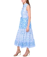 Msk Petite Printed Ruffle-Neck Button-Front Maxi Dress