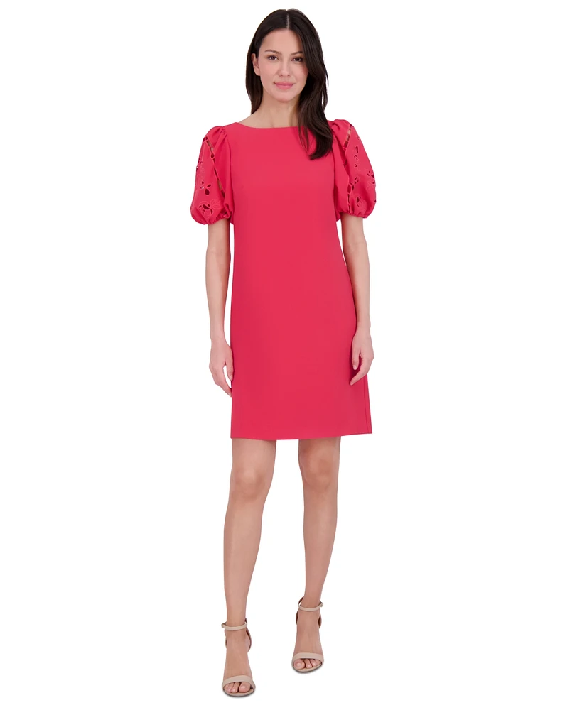 Vince Camuto Petite Boat-Neck Eyelet-Puff-Sleeve Shift Dress