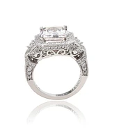 Suzy Levian Sterling Silver Asscher Cut Cubic Zirconia French Filigree Ring