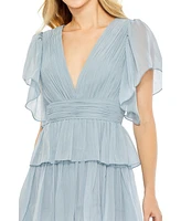 Mac Duggal Women's Flutter Sleeve Ruffle Tiered Gown