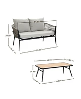 LuxenHome Outdoor Aluminum with Pe Rope Loveseat Sofa with Cushions and Coffee Table Set