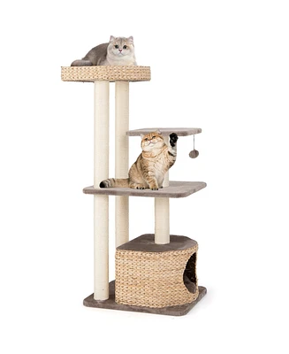 Gymax 52'' Cattail Cat Tower w/ Sisal Scratching Posts Perch Dangling Ball Cat Tree