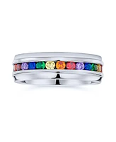 Bling Jewelry Mens Stainless Steel Rainbow Cz Eternity Ring Lgbtq Band Comfort Fit