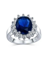Bling Jewelry Classic Traditional 5CTW Royal Blue Cz Crown Halo Oval Cubic Zirconia Promise Ring Silver Plated