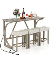 4-Piece Bar Table Set with Power Outlet and Upholstered Saddle Seat Stools