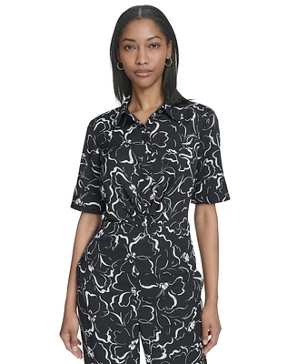 Halston Women's Floral-Print Short-Sleeve Shirt