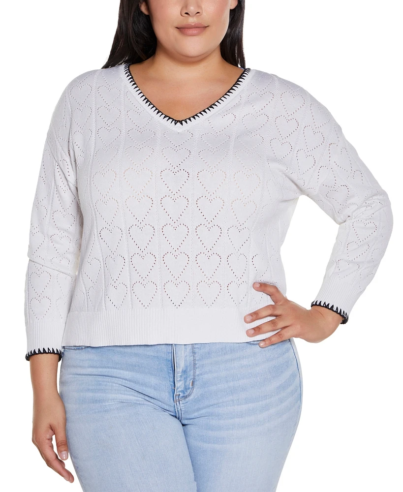 Belldini Plus Heart Pointelle Pullover Sweater