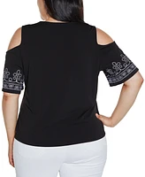 Belldini Plus Black Label Embroidered Cold-Shoulder Knit Top