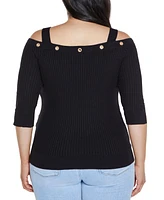 Belldini Plus Black Label Rhinestone Grommet Cold-Shoulder Sweater